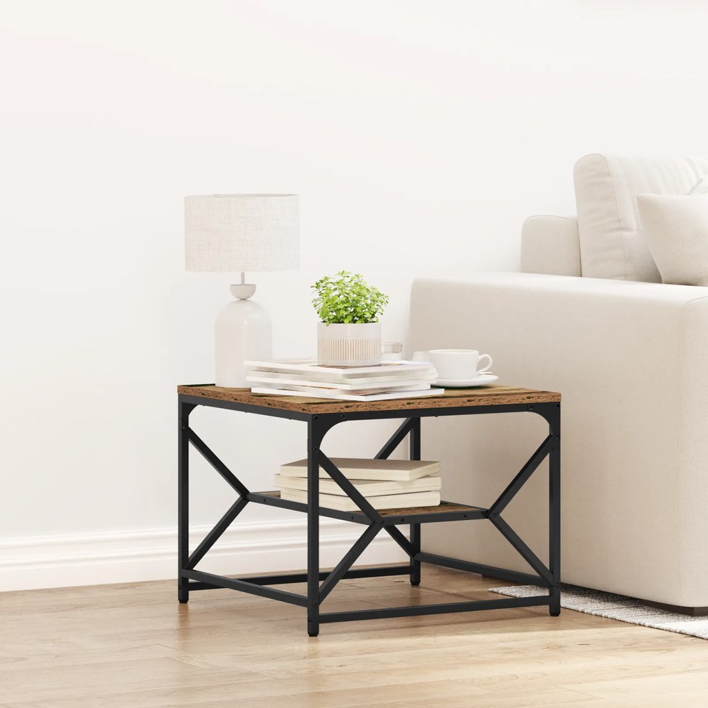 Mesa de centro vidaXL com prateleira em madeira envelhecida 51x50x40 cm em madeira de engenharia