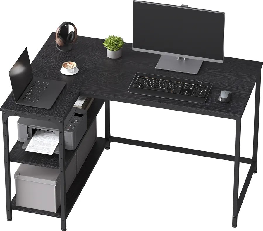 Secretária com espaço de arrumação, em L 110 x 80 x 76 cm, prateleira ajustável em altura Preto