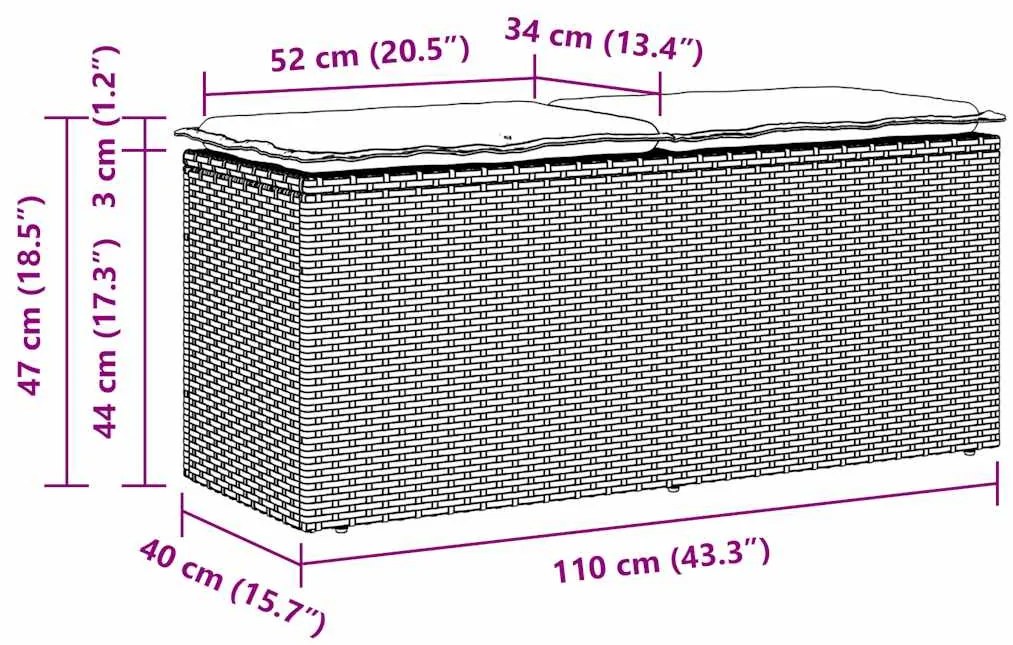 Banco de jardim com almofadão 110x40x44 cm vime PE bege