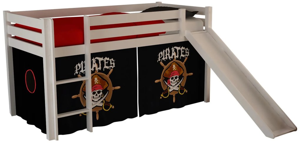 Conjunto Cama alta de Criança PINO 90 x 200 cm + estrado + escada + escorrega + cortina Piratas Branca