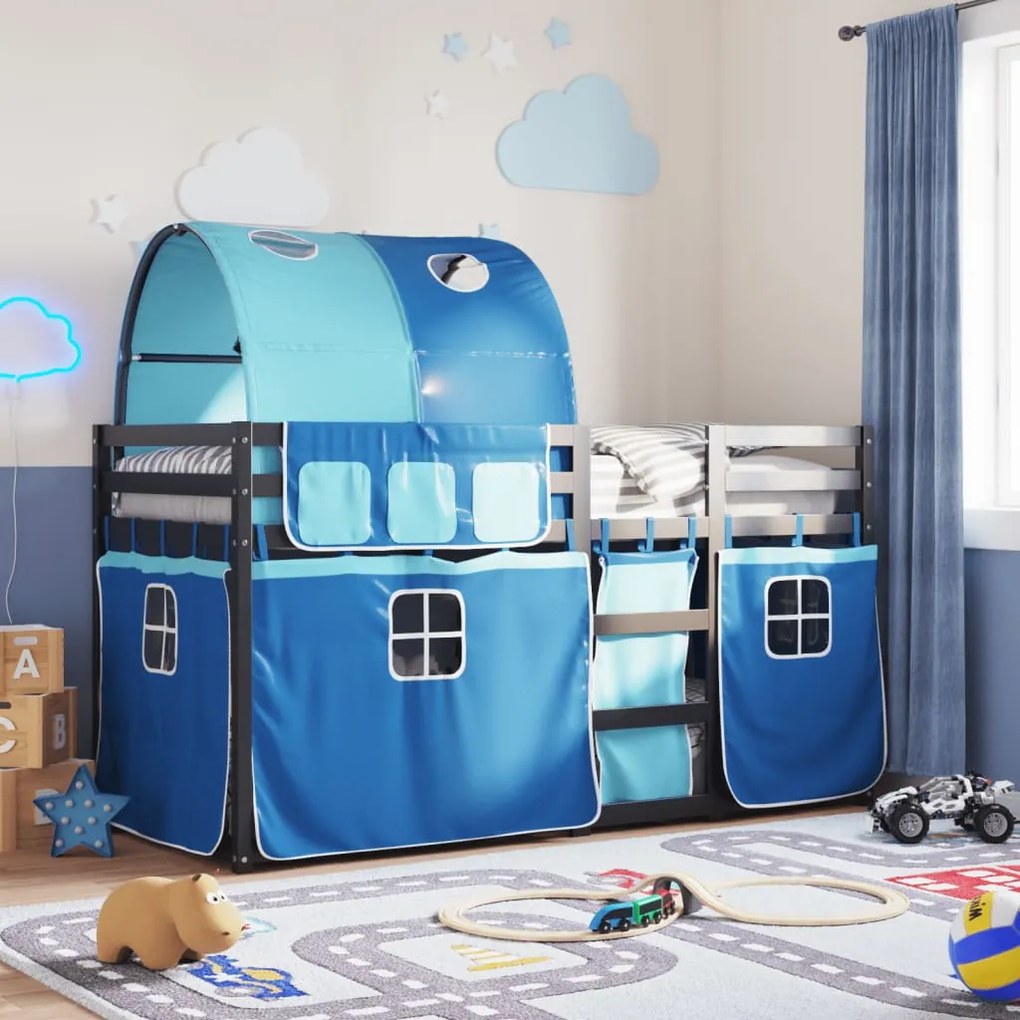 vidaXL Beliche com cortinas 90x200 cm madeira de pinho maciça azul
