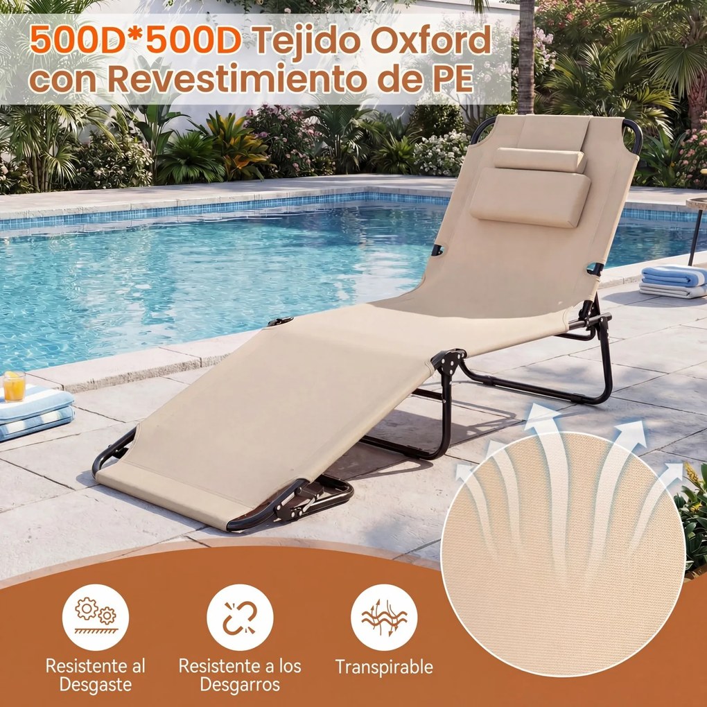 Conjunto de 2 Espreguiçadeiras Dobráveis, 63 x 142-194 x 92 cm, Encosto Ajustável em 5 Posições, Bege