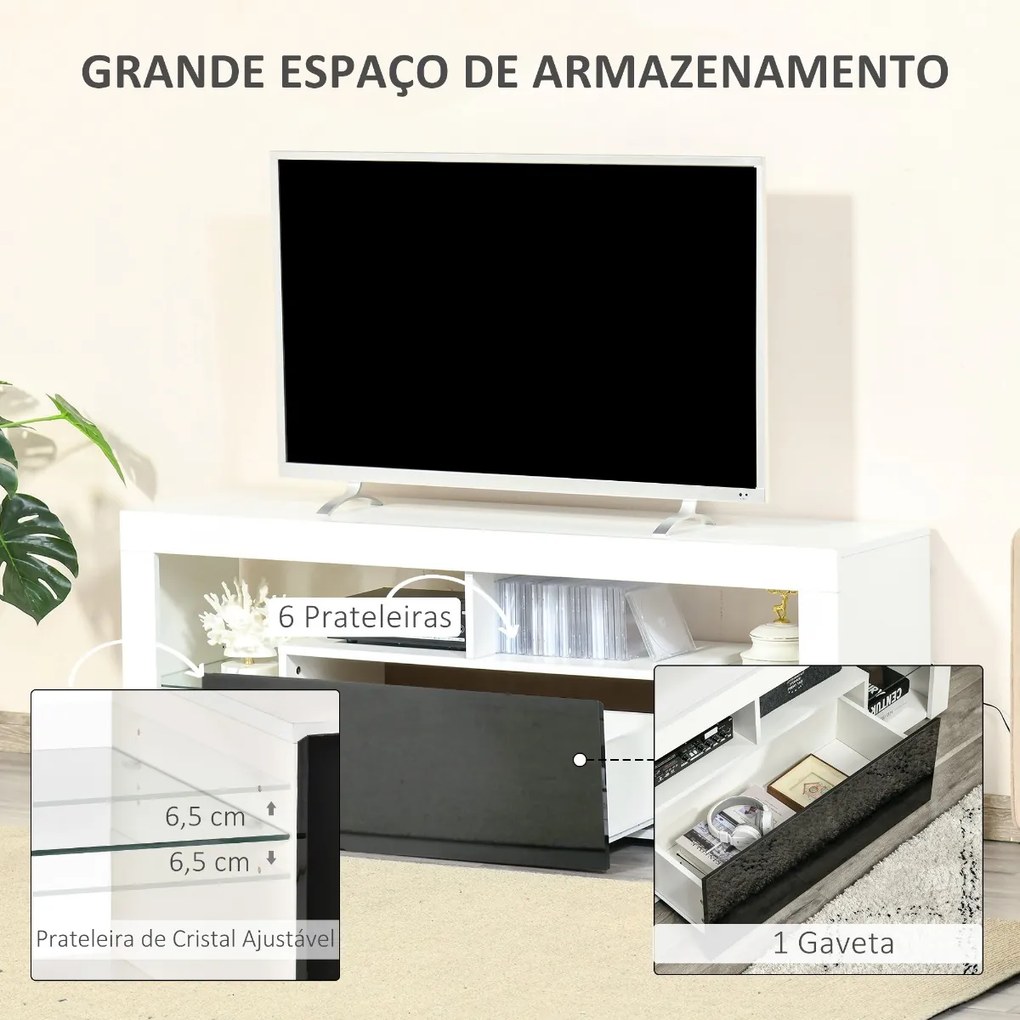 Móvel de TV para Sala de Estar com Iluminação LED 6 Modos de Cores Controle Remoto Gaveta e Prateleiras de Cristal Ajustáveis 140x35x52cm Preto e Bran