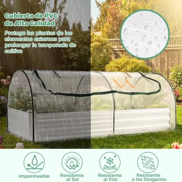 Mini estufa elevada galvanizada para jardim 202 x 101 x 81 cm com cobertura tipo mini-estufa e 2 portas enroláveis para ervas, vegetais e frutas Trans