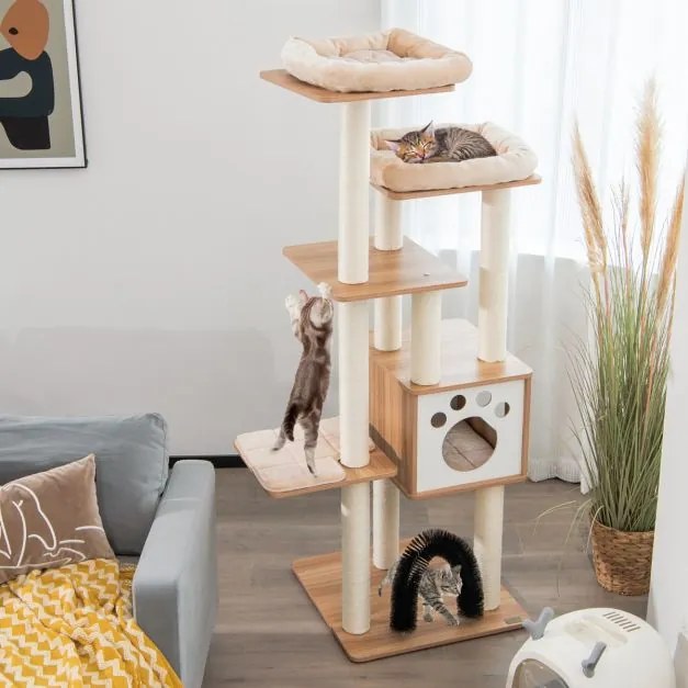 Arranhador moderno para gatos de interior de 176 cm Árvore para gatos de vários níveis com 2 poleiros Torre de madeira Tapetes para gatos bege