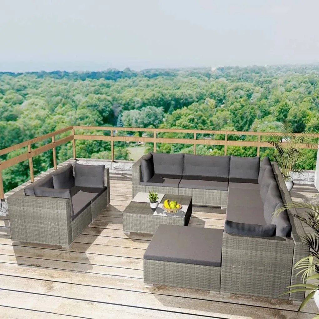 vidaXL 10 pcs conjunto lounge de jardim c/ almofadões vime PE cinzento