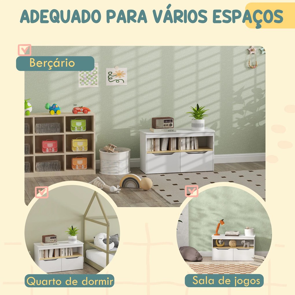 Organizador de Brinquedos Móvel de Arrumação Infantil com 2 Gavetas e Compartimento 80x30x45 cm Branco