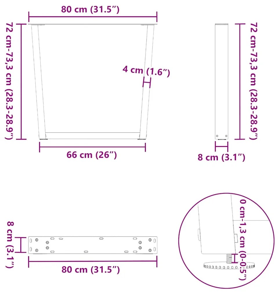 Mesa de jantar pernas 2pcs forma de V 80x(72-73,3)cm aço branco