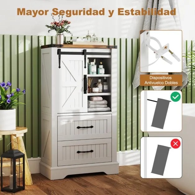 Armário multifuncional cozinha, sala, casa de banho 59 x 29 x 105 cm em estilo rústico com porta deslizante tipo celeiro, prateleiras ajustáveis e 2 g