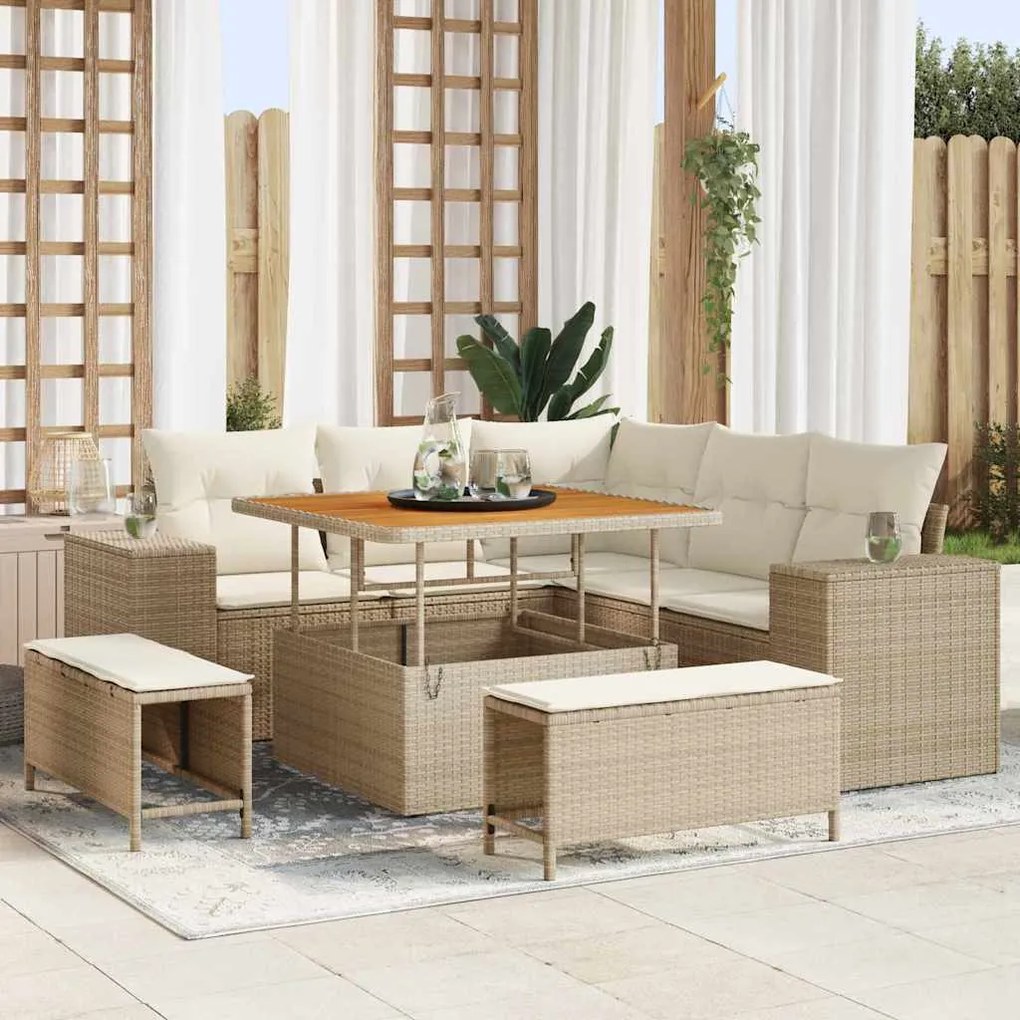 vidaXL Conjunto de Sofá de Jardim 8 Peças com Almofadas de Rattan Bege em Polipropileno e Acácia