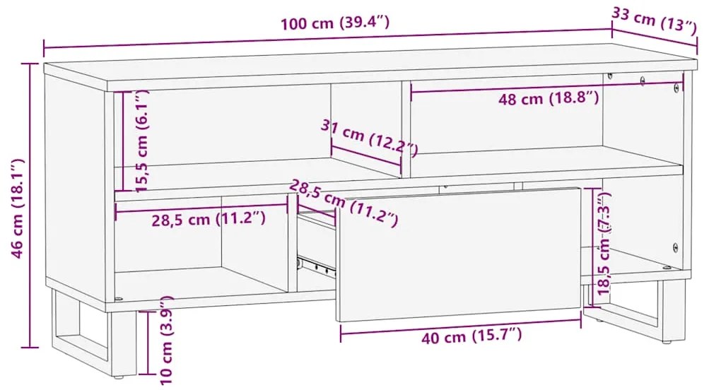 Móvel de TV 100x33x46 cm madeira de mangueira maciça preto