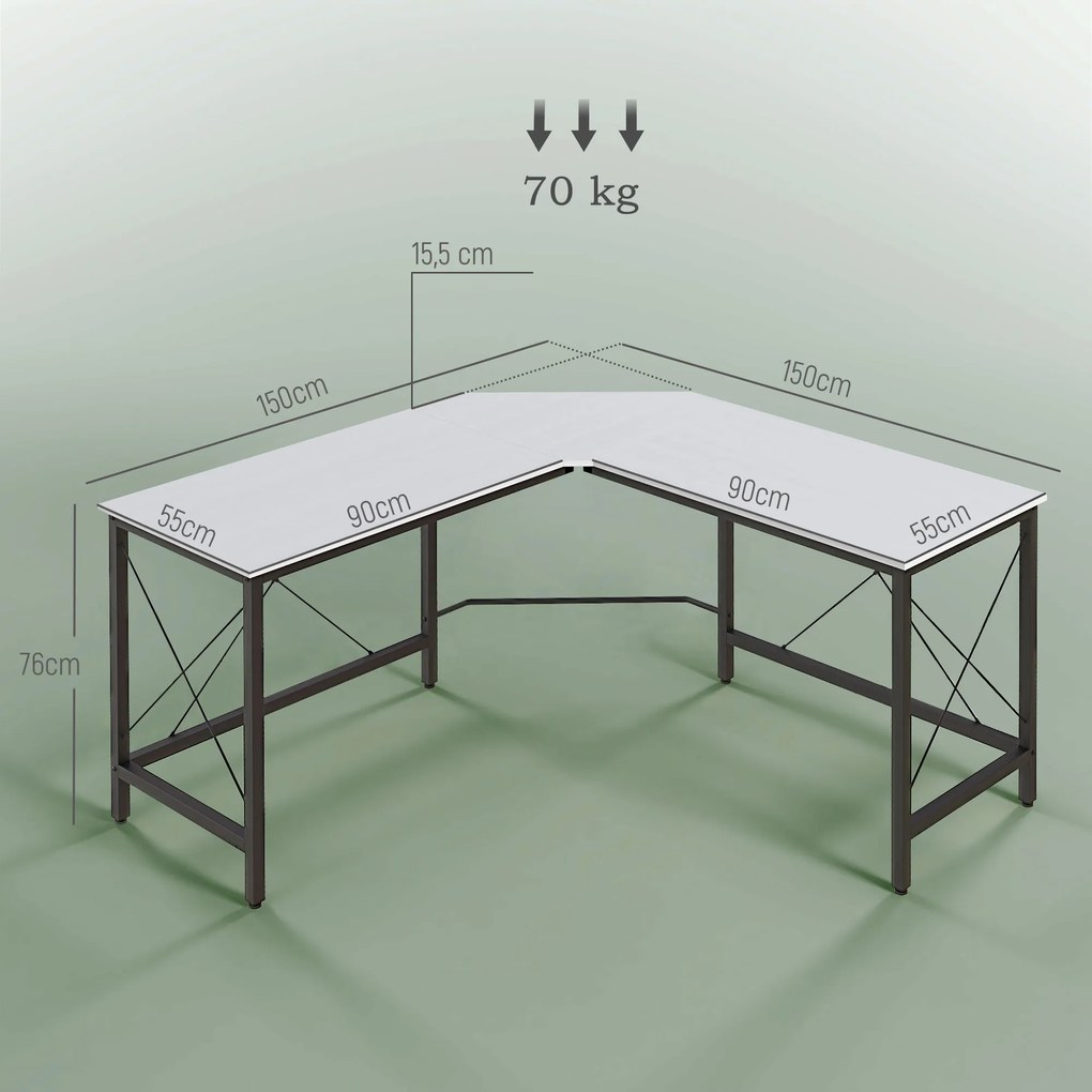 Secretária em Forma de L Secretária para Escritório com Estrutura de Metal Secretária de Canto 150x150x76 cm Branco e Preto