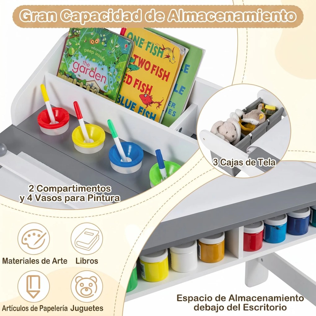 Conjunto de Mesa de Arte Infantil e Cadeira, 136 x 45,5 x 67 cm, Rolo de Desenho, Cinzento+Branco