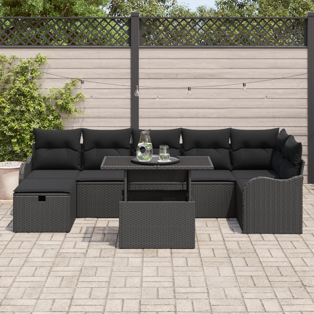 Conjunto de Sofás de Jardim vidaXL de 8 Peças com Almofadas Preto Poli