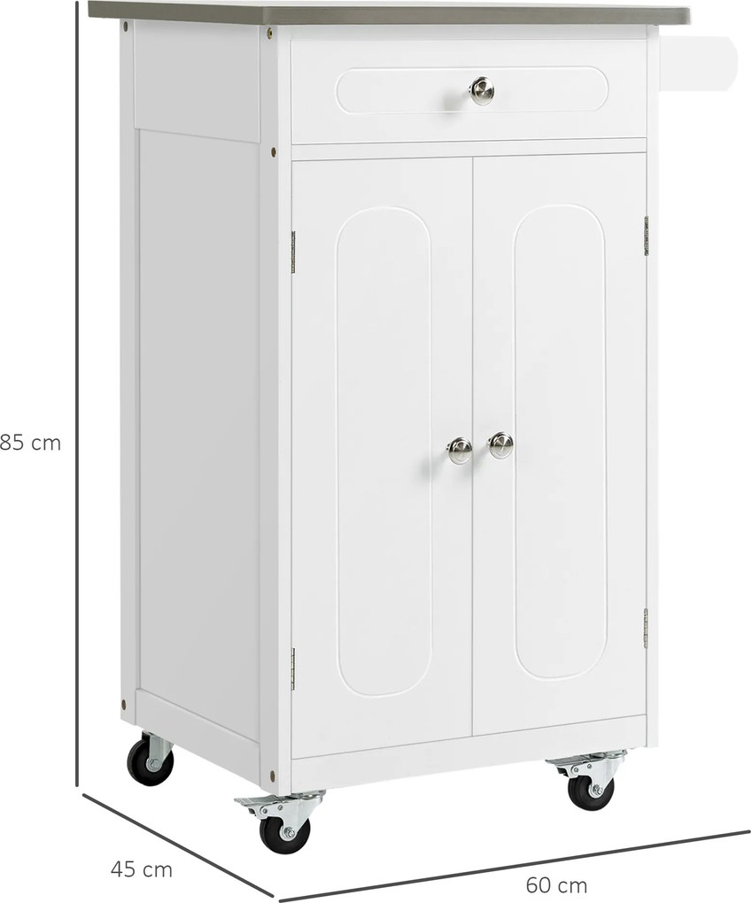 Carrinho de cozinha 60 L x 45 P x 85 A cm com rodas e vários compartimentos: 1 gaveta, armário de 2 portas com prateleira para panos de cozinha, em MD