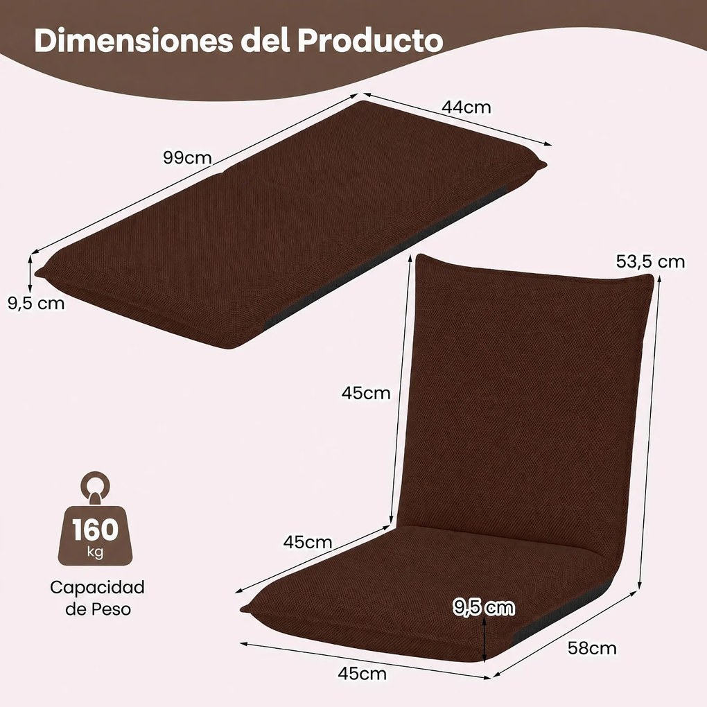 Conjunto de 2 Cadeiras de Chão Ajustáveis, 99 x 44 x 9,5 cm, Estrutura Metálica Dobrável, Castanho