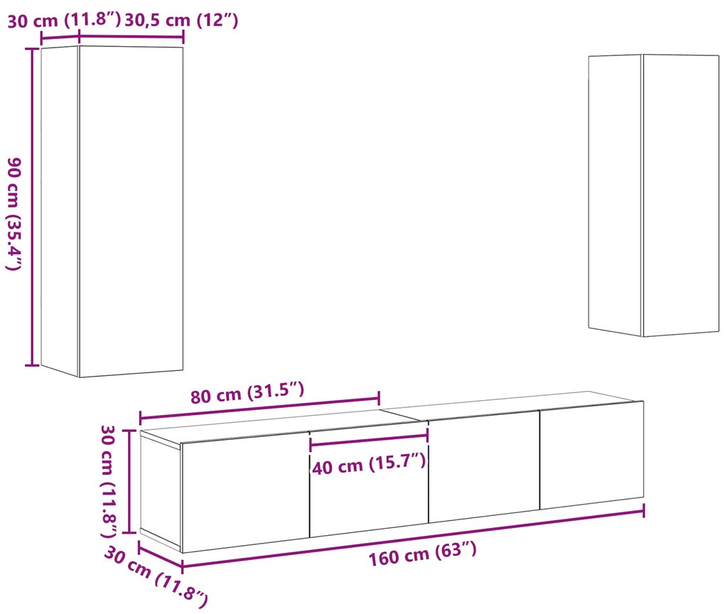 Conjunto de 4 Peças de Armário para TV em Madeira Envelhecida e Madeir
