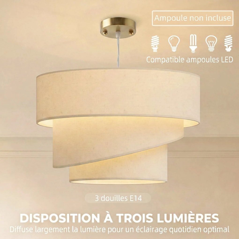 Candeeiro Suspenso com 3 Abajures, 50 x 50 x 37,5 cm, Altura Regulável, Bege