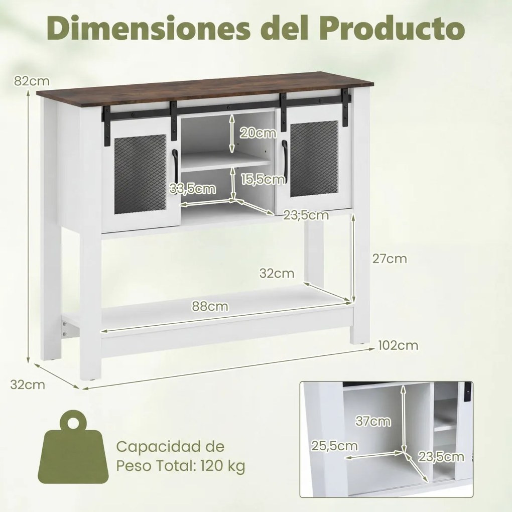 Aparador Armário de cozinha 102 x 32 x 82 cm com 2 compartimentos abertos, prateleira ajustável, portas de correr Branco+Castanho