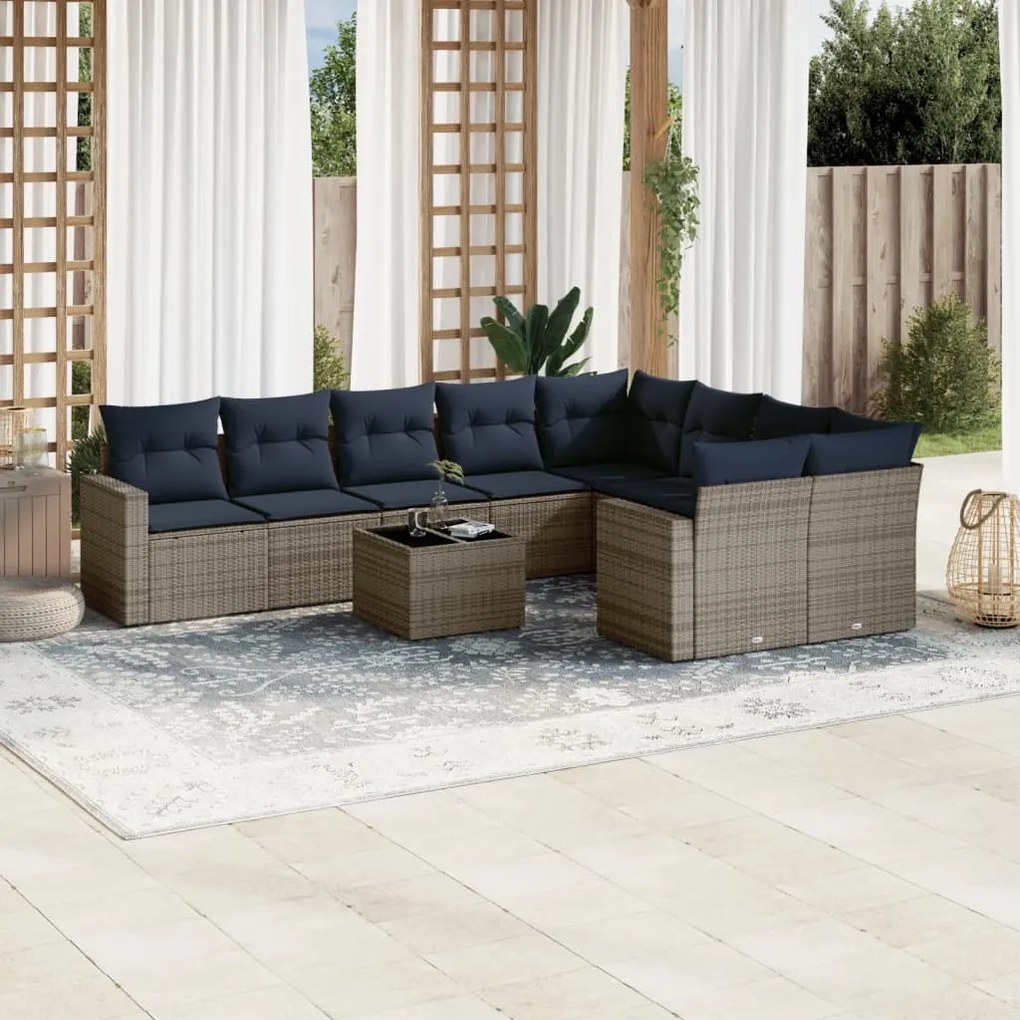vidaXL 10 pcs conjunto sofás p/ jardim c/ almofadões vime PE cinzento