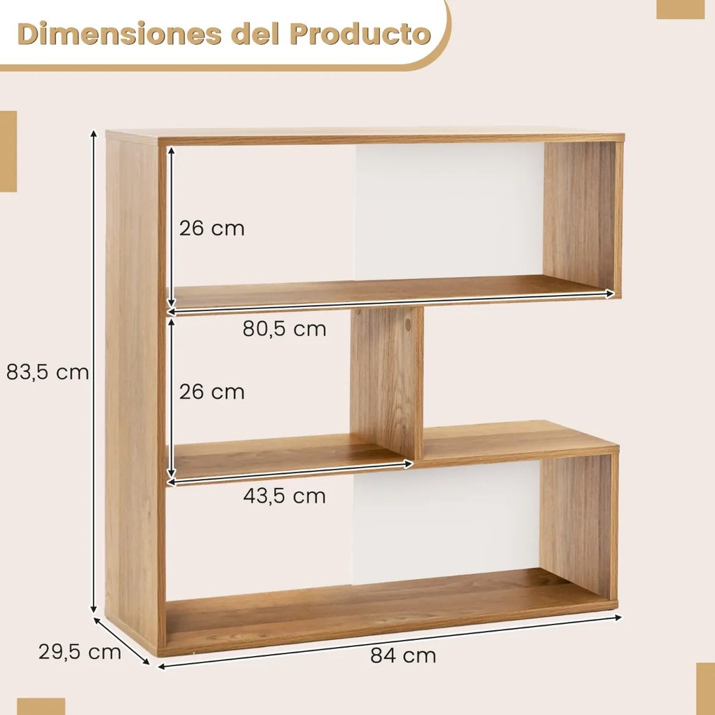 Estante côncava aberta com 3 Estantes com Dispositivo Anti-inclinação para Sala de Estar Estudo 84 x 29,5 x 83,5 cm Natural