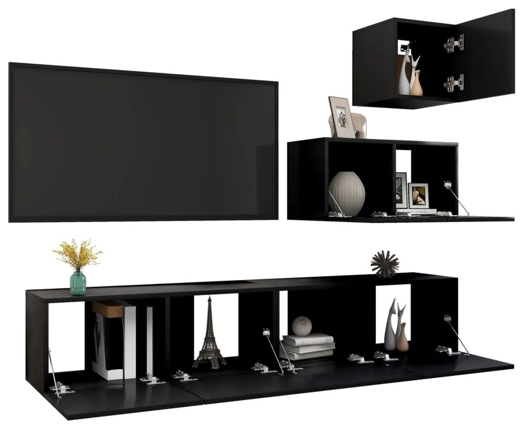 4 pcs conjunto de móveis de TV derivados de madeira preto