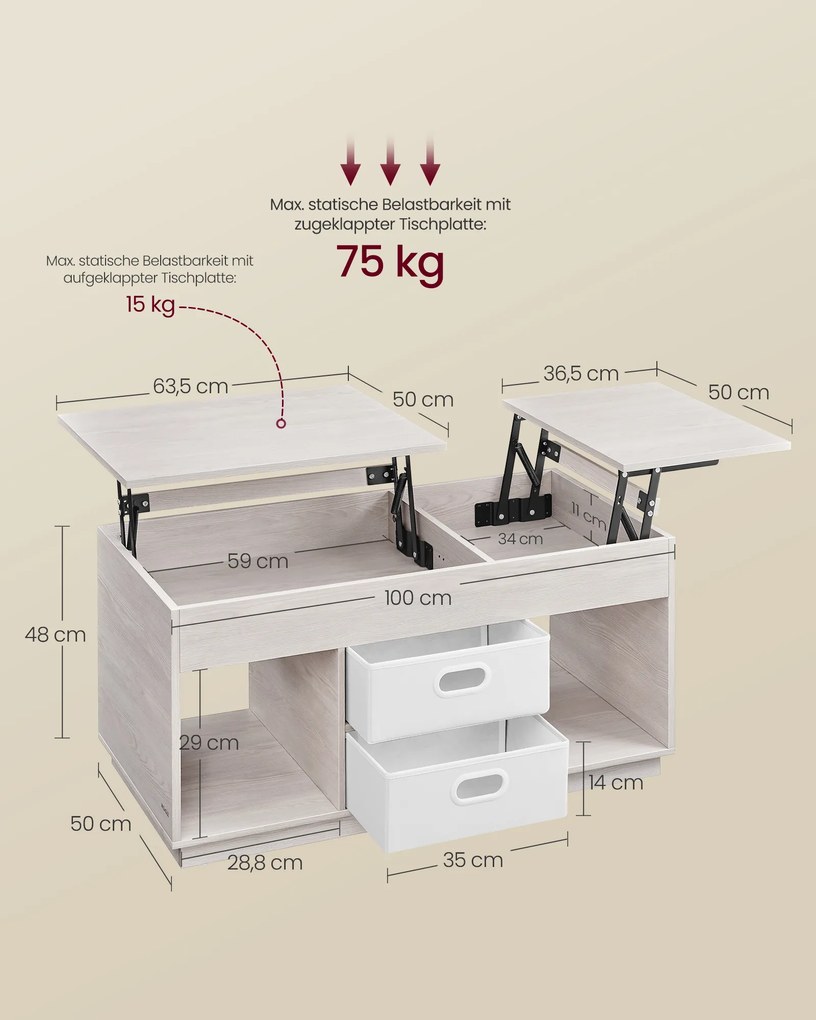 Mesa de centro 50 x 100 x 48,5 cm com 2 gavetas e compartimentos, em bege aveia