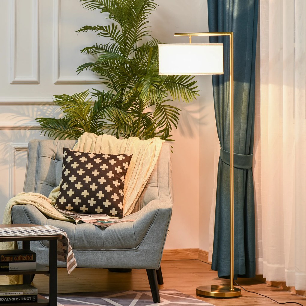 Candeeiro de pé com abajur em tecido de linho e base redonda estável para sala, escritório ou quarto – 47 x 37 x 153 cm, dourado e branco