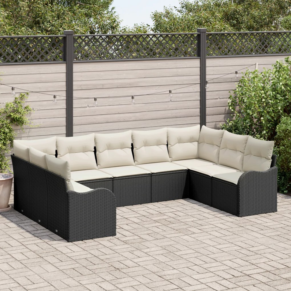 Conjunto de Sofá de Jardim com 9 peças e Almofadas Preto Rattan Poly