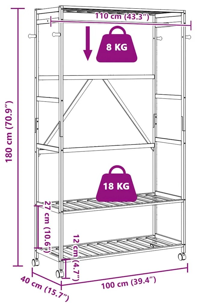 Cabide com prateleiras e rodas 110x40x180 cm bambu