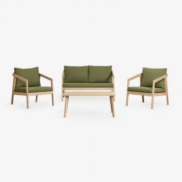 Conjunto De Sala Em Madeira De Acácia Kaela Marrom Acácia Claro & 2 Lugares & Bouclé Verde Sálvia - Sklum