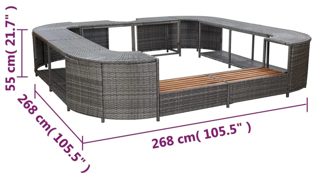 Contorno de spa quadrado 268 x 268 x 55 cm vime PE cinzento