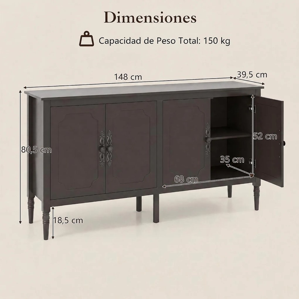 Aparador de Sala, 148 x 39,5 x 80,5 cm, 4 Portas, Castanho