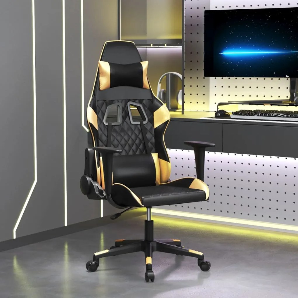 Cadeira gaming couro artificial preto e dourado