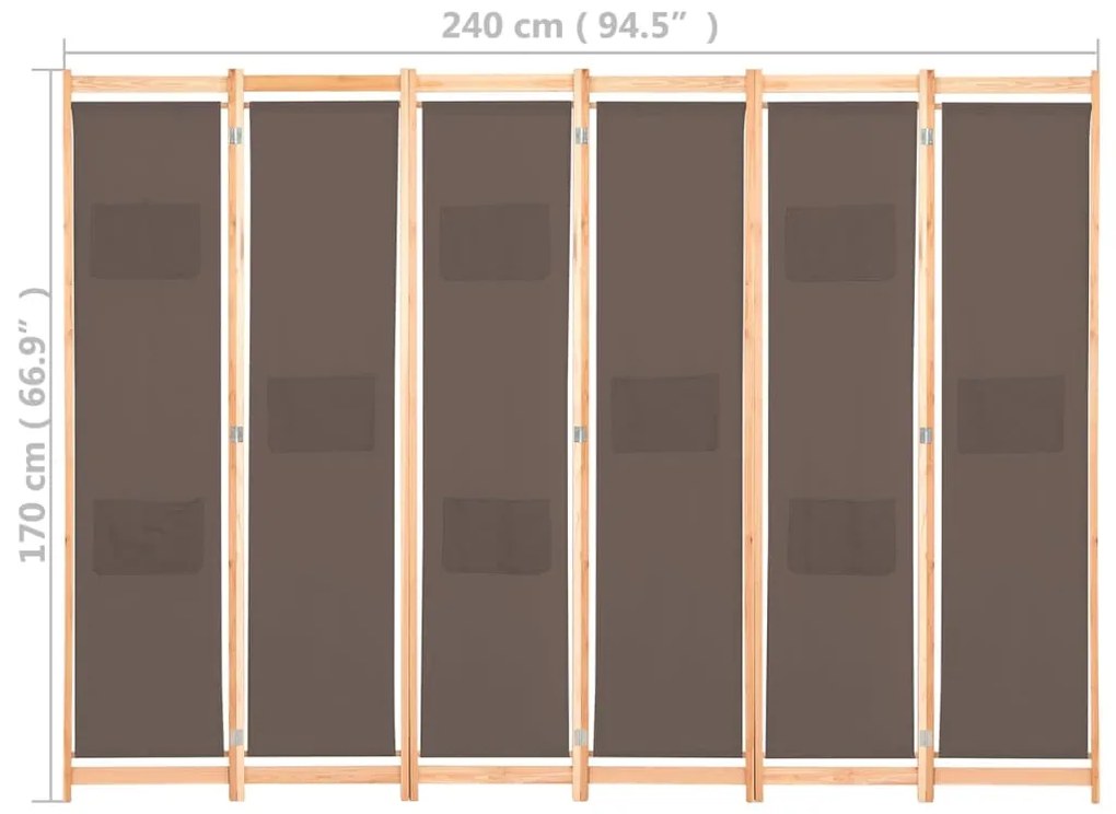 Divisória de quarto com 6 painéis 240x170x4 cm tecido castanho