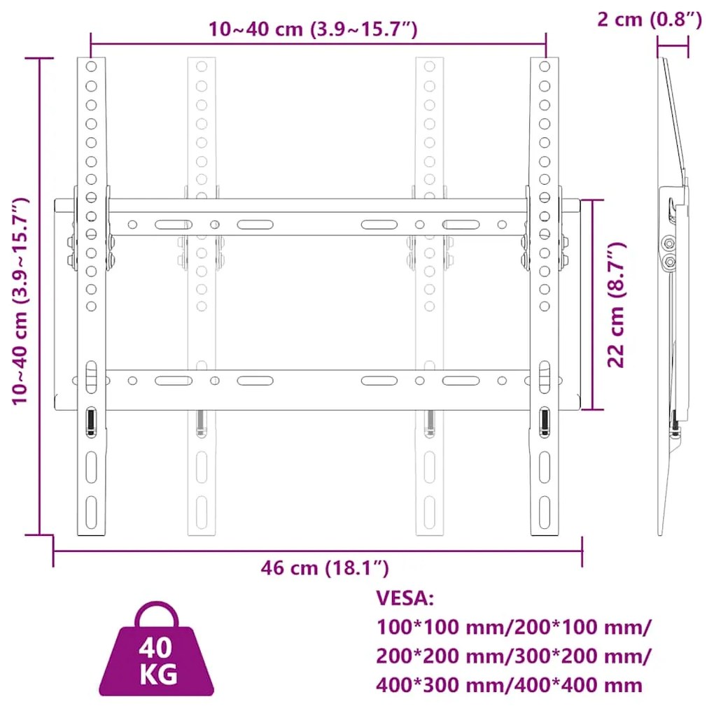 Suporte de parede p/ TV ecrãs de 26-63" Max VESA 400x400mm 40kg