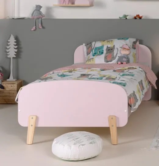 Cama infantil KIDDY (90x200) + estrado feita de MDF com pés em pinho maciço Rosa