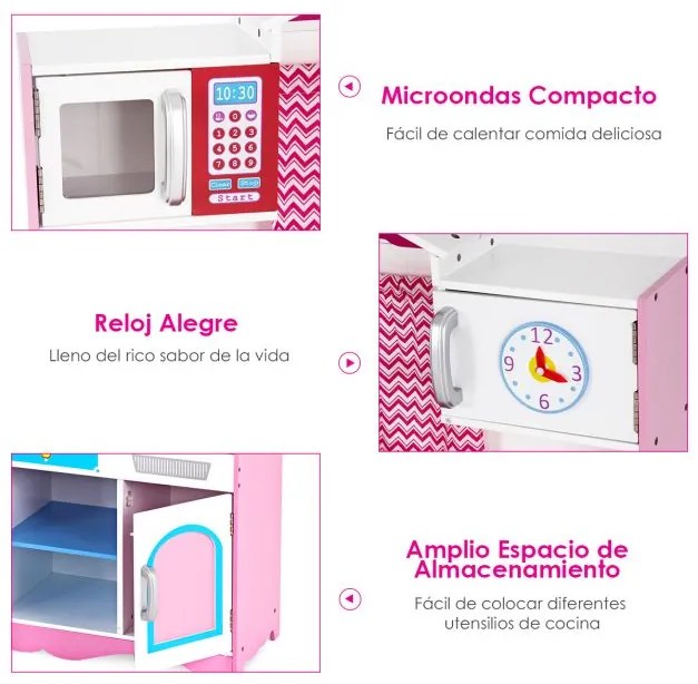 Cozinha de brincar de madeira para crianças com lava-loiça e torneira com forno micro-ondas e fogão Som realista Rosa + Branco