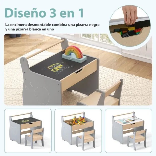 Conjunto de mesa e cadeira infantil de madeira 2 em 1 para crianças com tabuleiro removível, cinzento