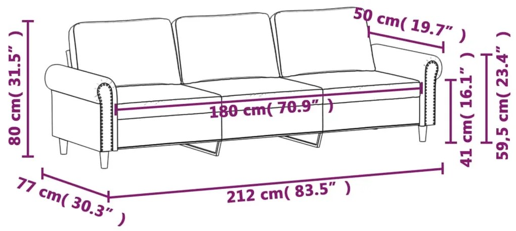 Sofá de 3 lugares 180 cm veludo rosa