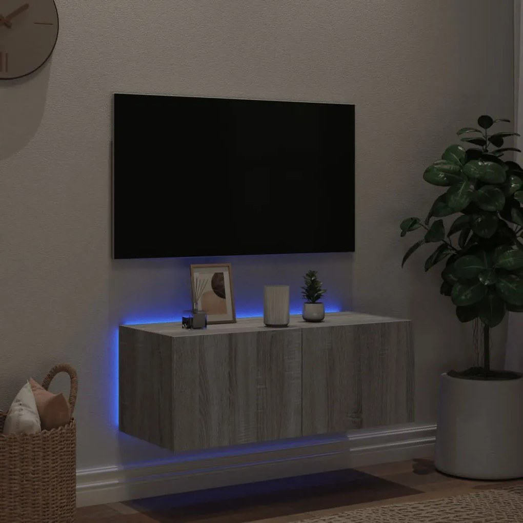 Móvel de parede p/ TV c/ luzes LED 80x35x31 cm cinzento sonoma