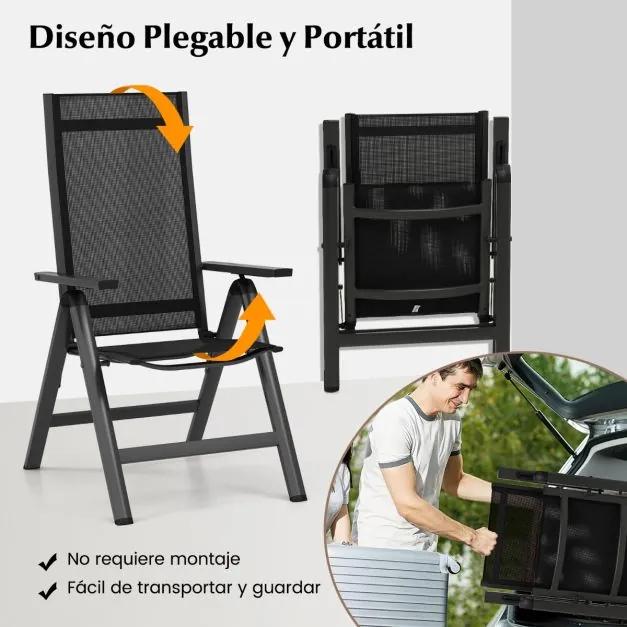 Conjunto de 2 cadeiras jardim dobráveis com esponja de encosto alto ajustável em 7 posições Apoios de braços Cadeiras de exterior leves para jardim Pr