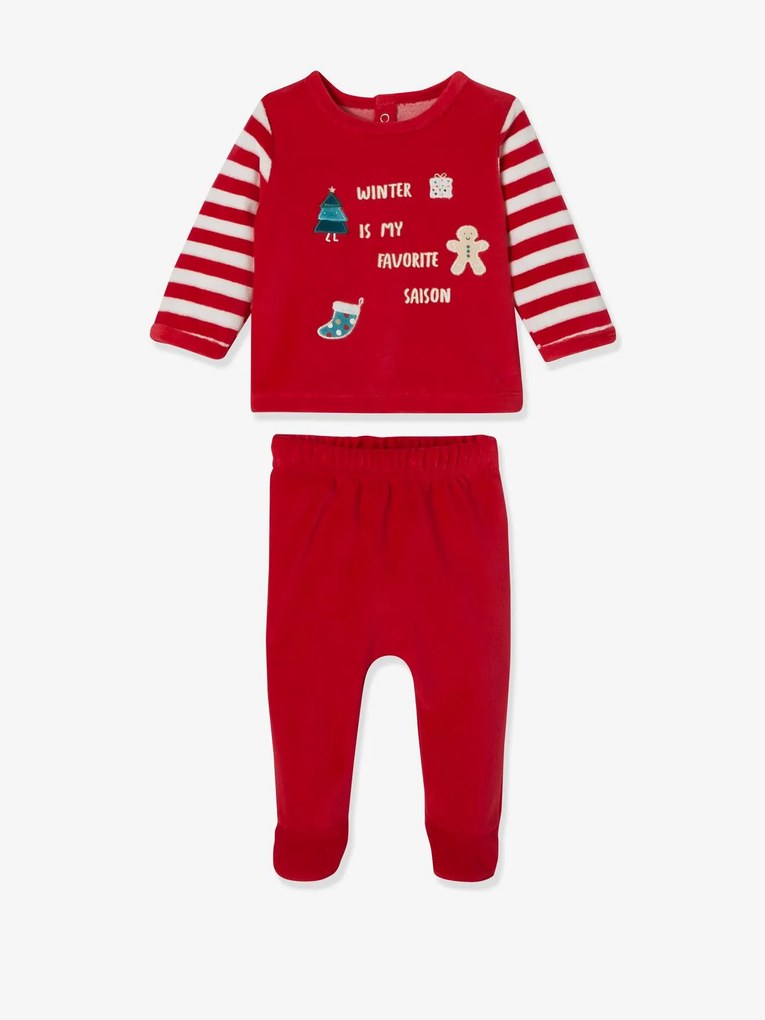 Pijama de 2 peças em veludo, especial Natal, para bebé vermelho escuro liso com motiv