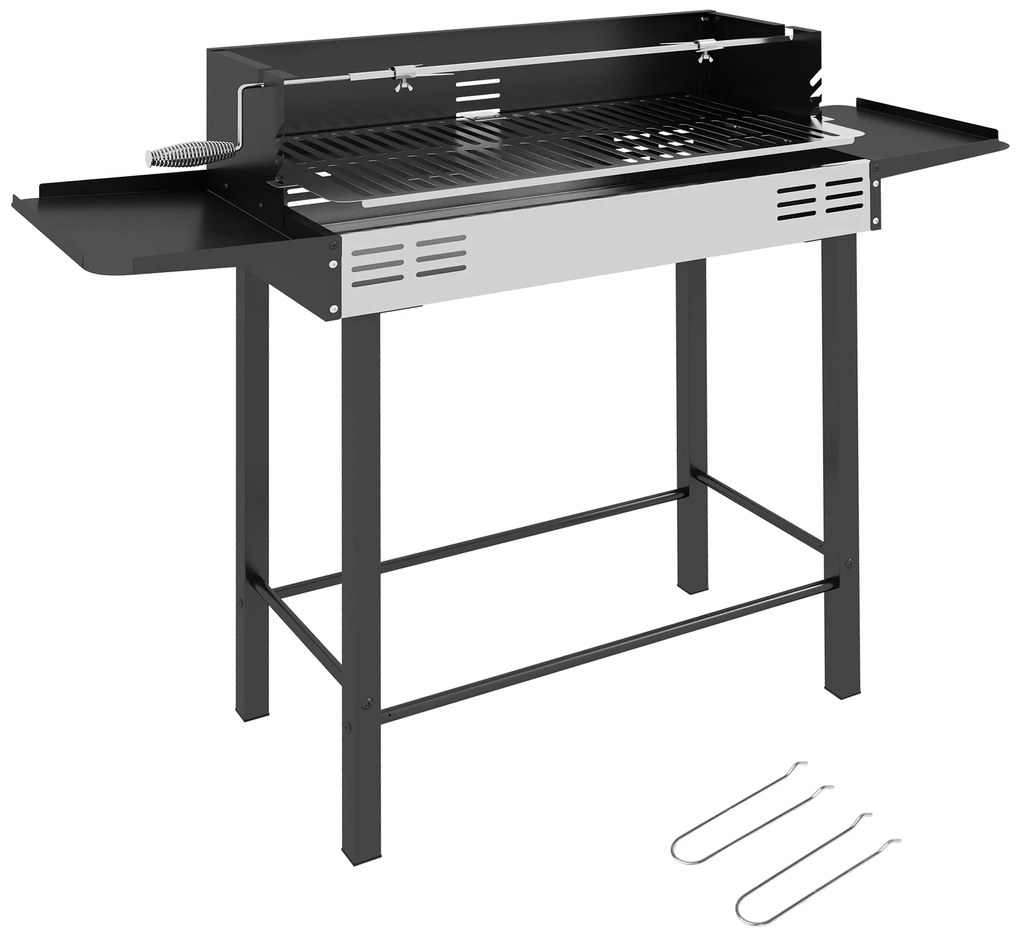 Outsunny Barbecue a Carvão Barbecue Portátil 118x32x90 cm com Espeto Giratório Ajustável em Altura com 3 Níveis Preto