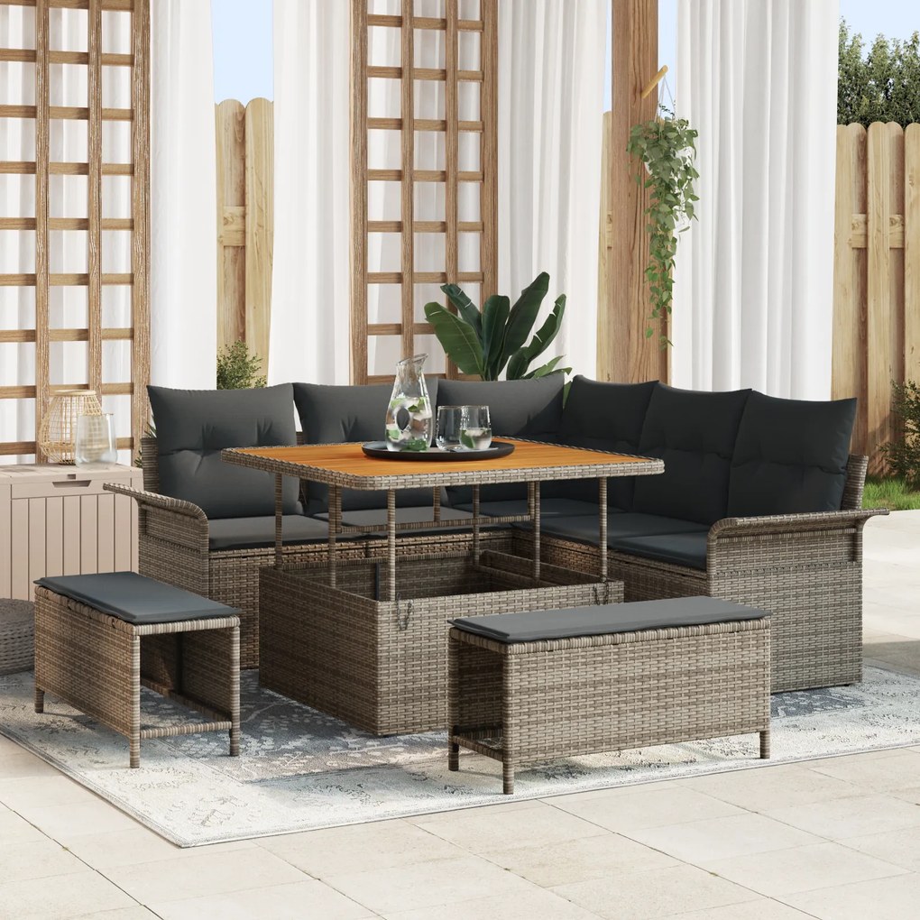 Conjunto de Sofá de Jardim vidaXL 8 Peças com Almofadas Cinza Rattan PE Acácia