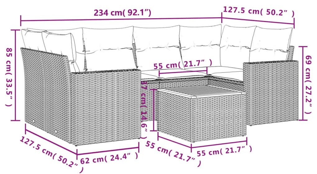 7 pcs conjunto de sofás p/ jardim c/ almofadões vime PE preto
