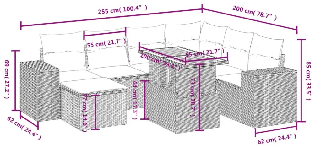 8 pcs conjunto de sofás p/ jardim com almofadões vime PE bege