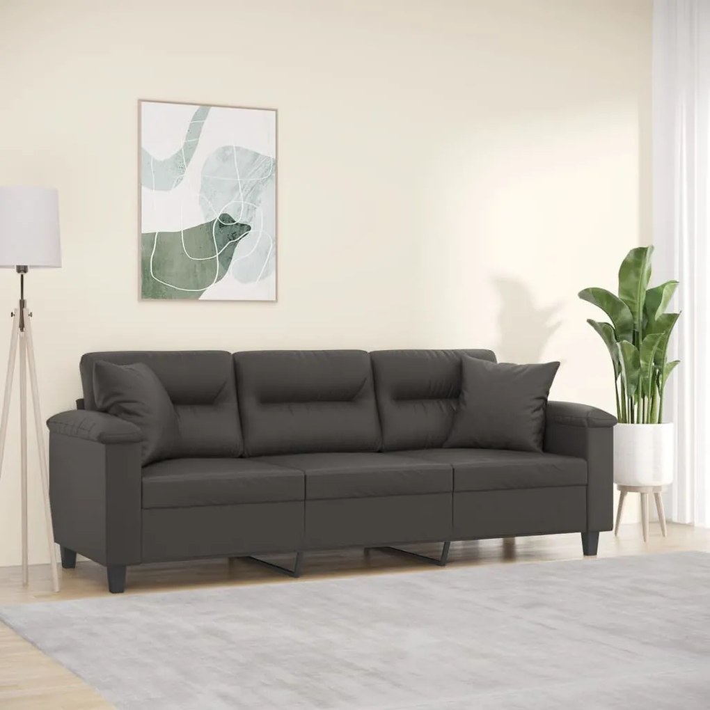 vidaXL Sofá 3 lugares c/ almofadas/almofadões 180cm couro artif. cinza