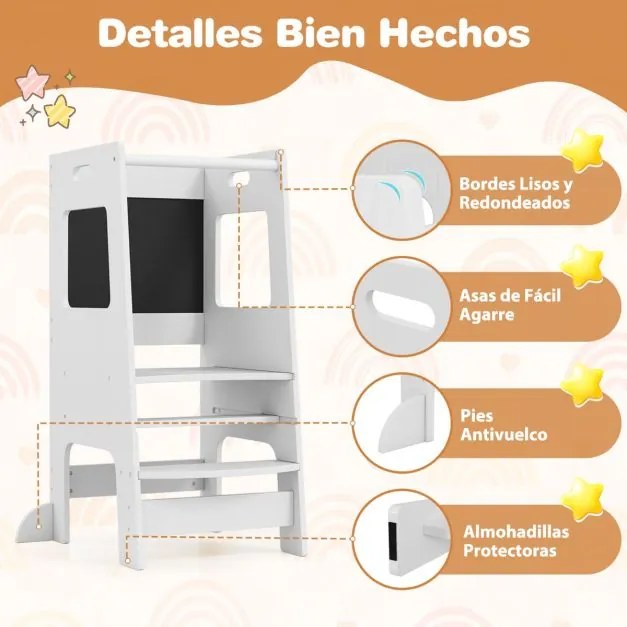 Banco de cozinha para crianças Torre de pé com quadro de actividades, altura ajustável e grade de segurança em madeira Branco