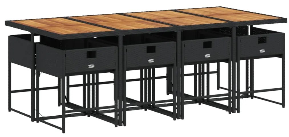 9 pcs conjunto de jantar p/ jardim c/ almofadões vime PE preto